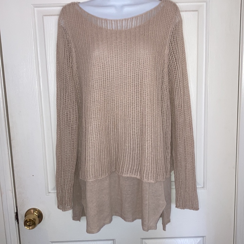 Eileen Fisher Sweater 2-layer Mesh Loose Knit Linen Overlay Pullover Tan M - Picture 9 of 9